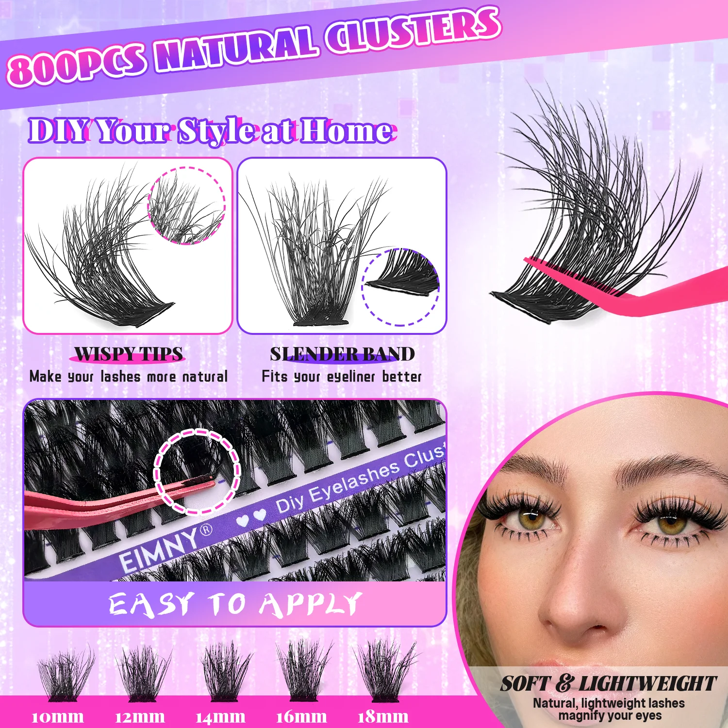 800 Stück EIMNY Wimpernverlängerungen 40D-120D+Spikes Flauschige D-Curl Volumen-Wimpern 10-18mm Längen für Anfänger zu Hause – Detail 3