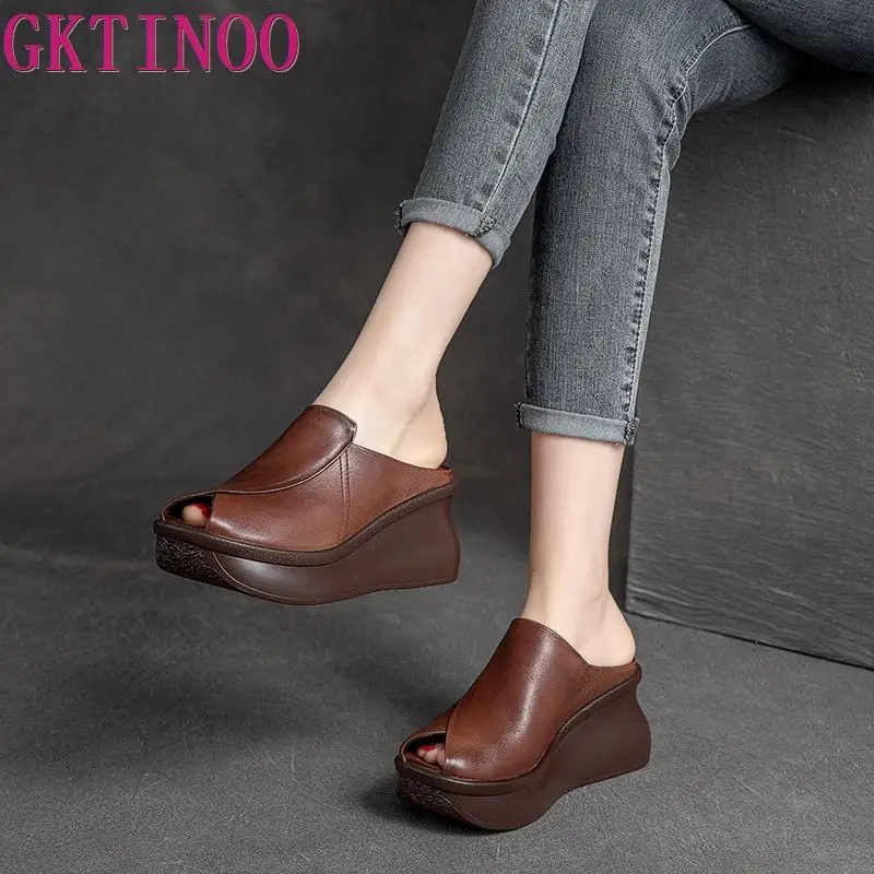 GKTINOO Summer Woman Shoes Platform Slippers Wedge Genuine Leather Women High Heel Slippers For Women Retro Sandals Female Shoes