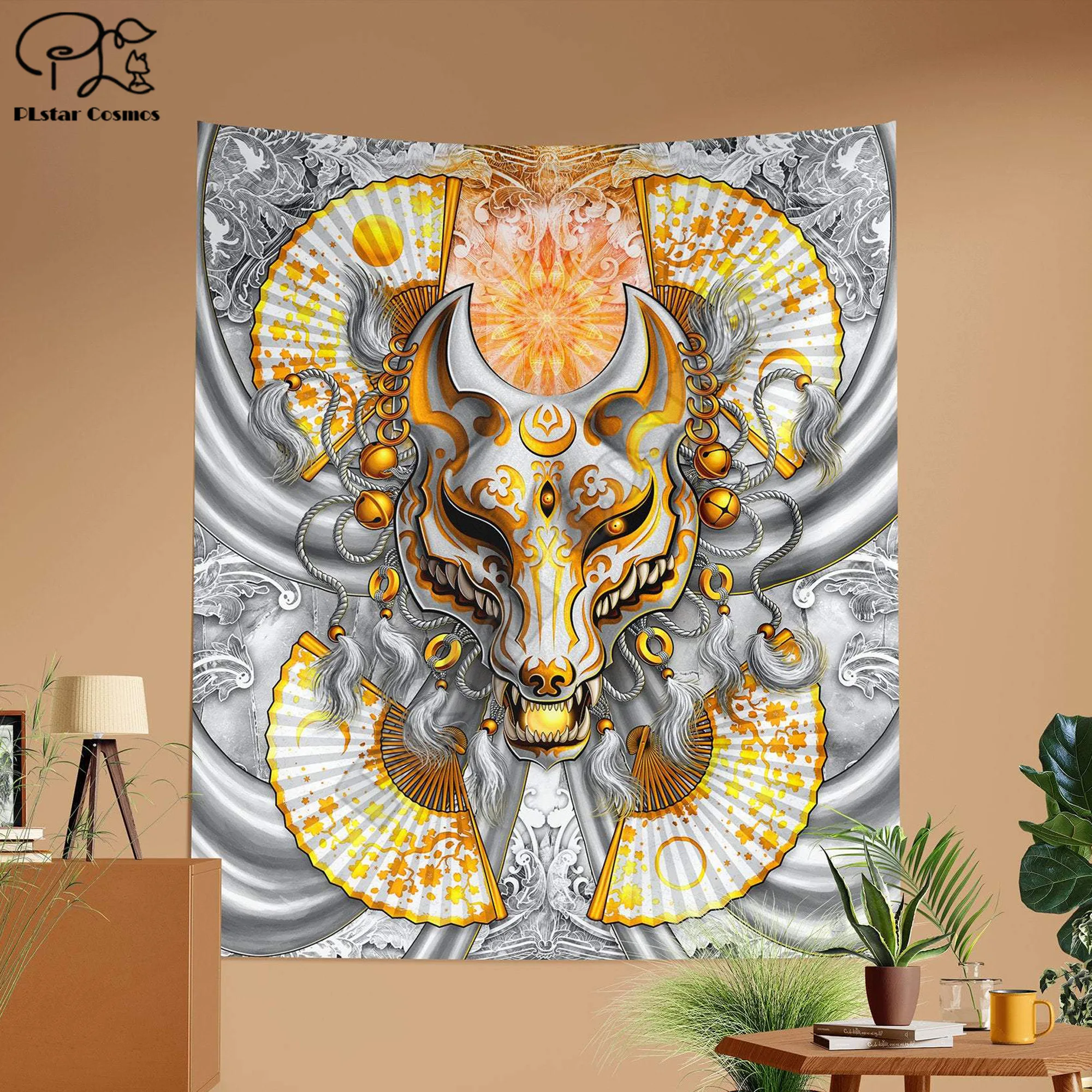 Kitsune Tapestry, Japanese Wall Hanging, Anime and Gamer Home Decor, Art Print, Okami, Fox Mask - White & Gold