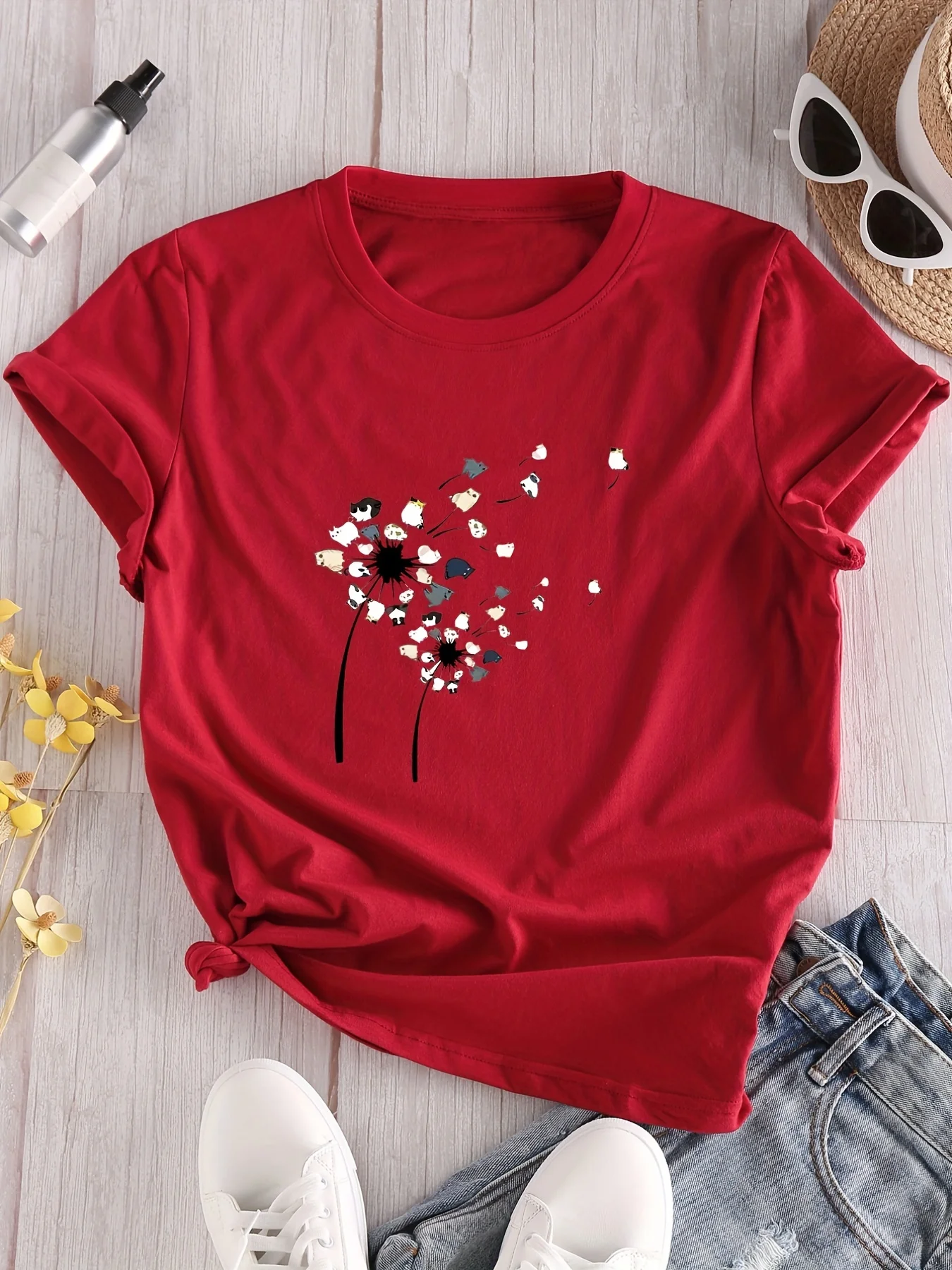 Camiseta con estampado de gato para mujer, Top informal de manga corta con cuello redondo, regalo para el Día de San Valentín