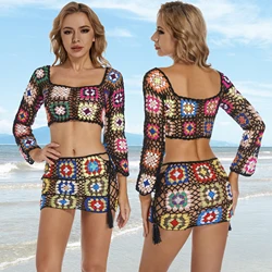 Colorful Grandma Square Bikini Set Long Sleeve Cover UP Beach Mini Skirt