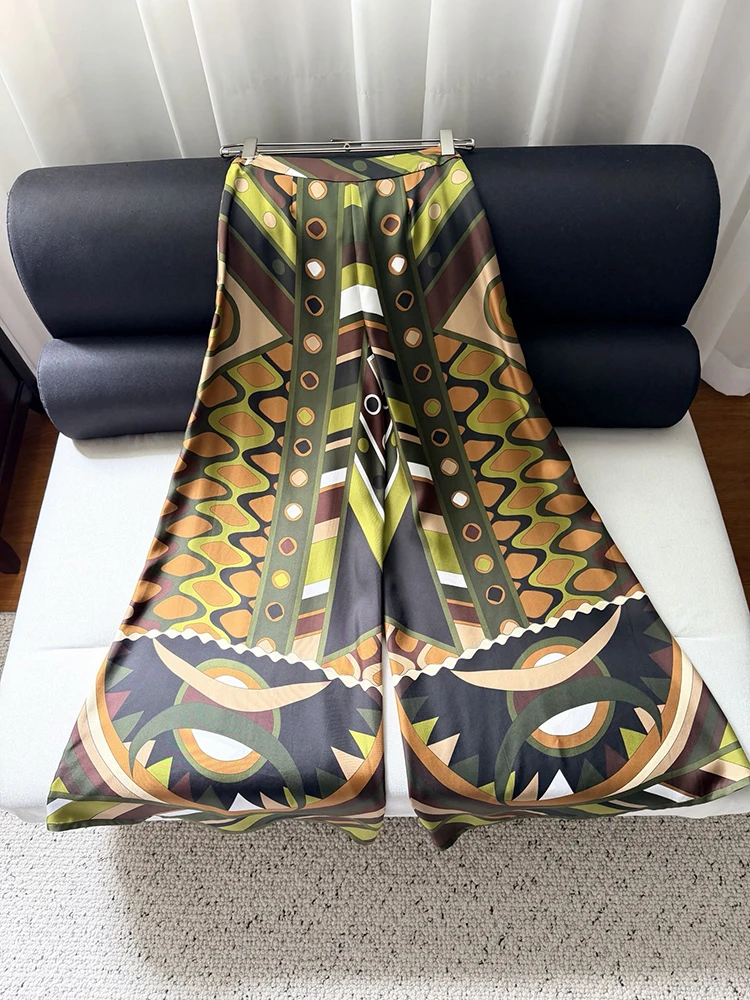 Spring Summer Fashion Daily Casual Vintage Geometric Print Silk Bell Bottoms Women's Middle Waist Pockets Slim Loose Trousers