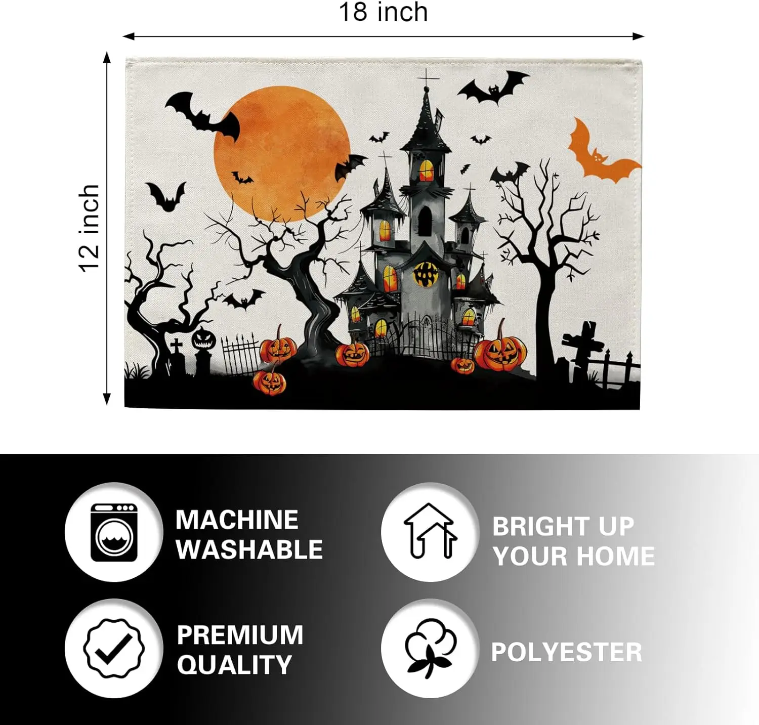 Halloween Horror Castle Placemats Set Of 4, Scary Haunted House Moon Bats Dining Place Mats Table Decor, Creepy Tree