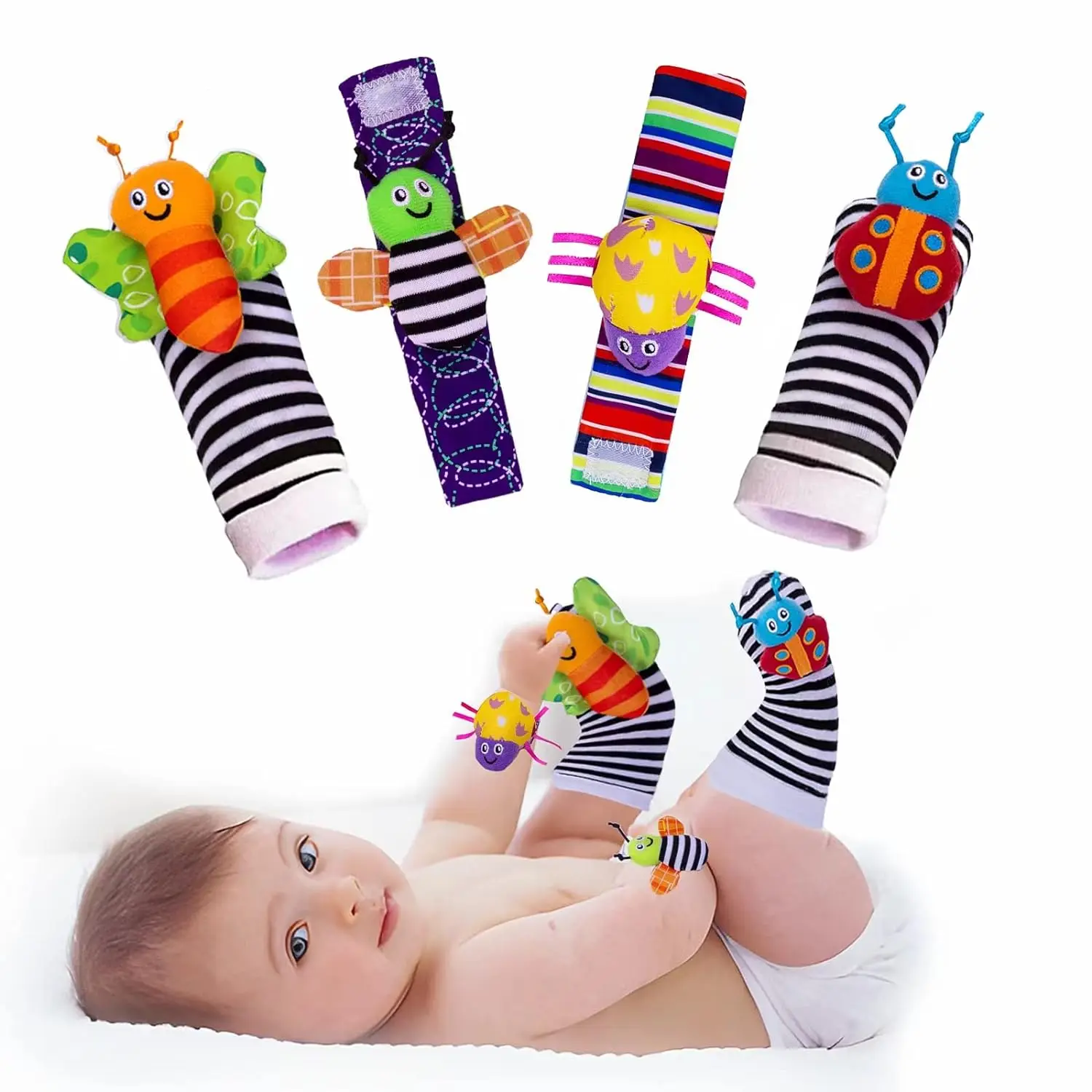 0~24 Months Baby Rattles Soft Plush Toys 4 Piece Foot Wrist Rattle Set Cartoon Newborn Development Educational Toys For Children