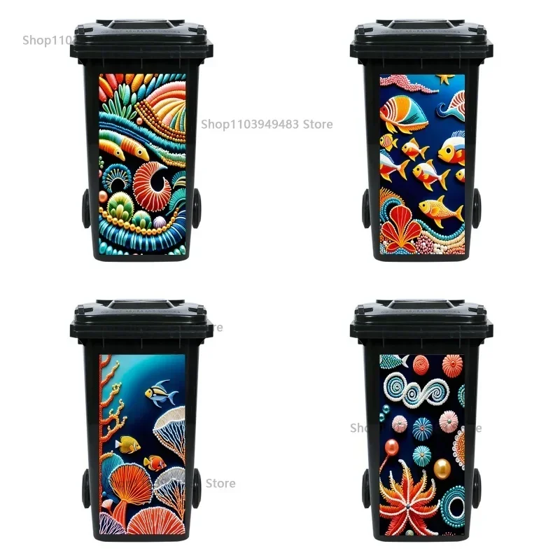 Ocean Coral Fish Outdoor Trash Can Art Mural Decorative Self-adhesive Stickers Customize Home Litter Bins Ornamental Decals