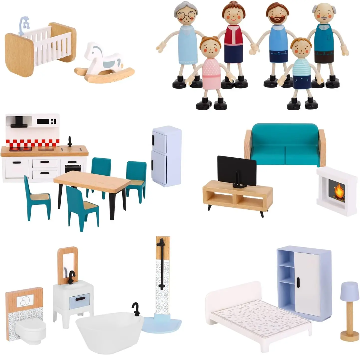 Wooden Dollhouse for Kids Doll House with Simulated Luxury Furniture Set Preschool Dollhouse Playset for Girls Toddlers Gifts