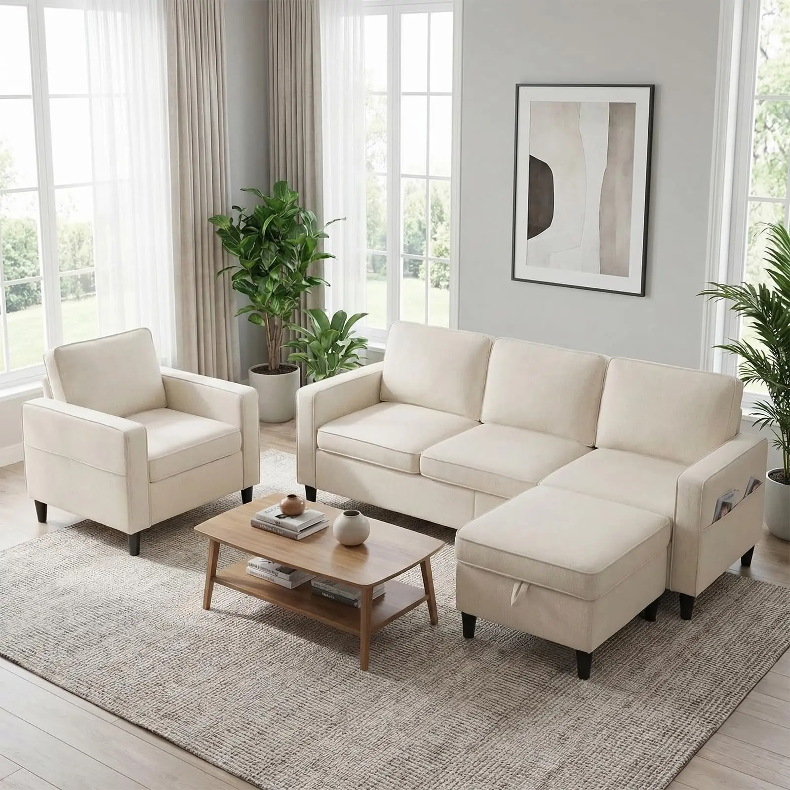 3 Pieces Sofa Couch and Chair Set with Ottoman, Linen 78“W Sectional Sofas Couches for Living Room Sets Furniture with