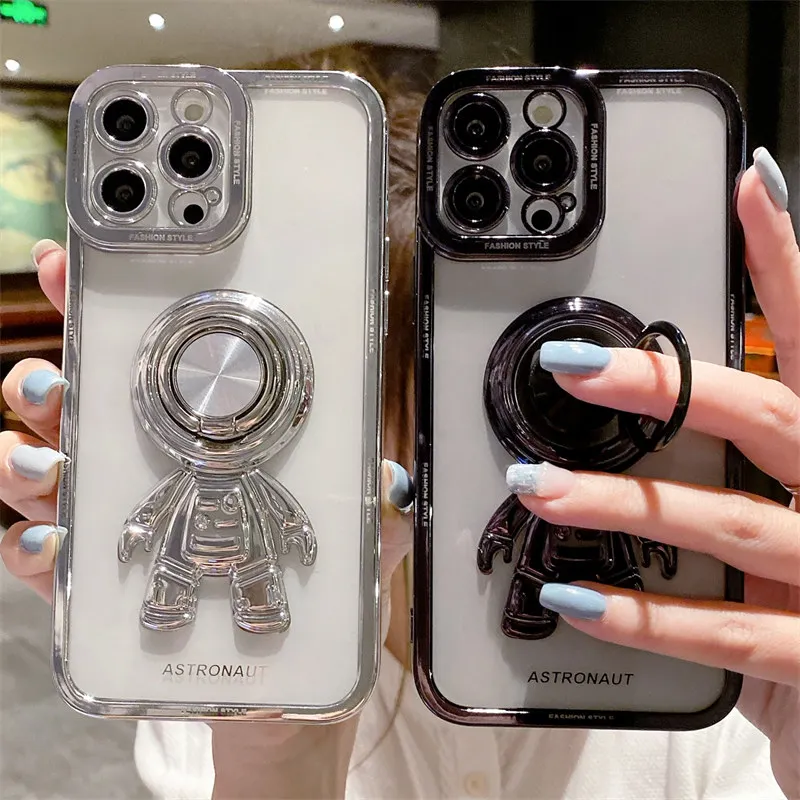 Luxury Plating Soft Silicone Astronaut Bracket Phone Case For iPhone 11 12 13 14 Pro Max XR XSMax 7 8Plus Ring Holder Back Cover