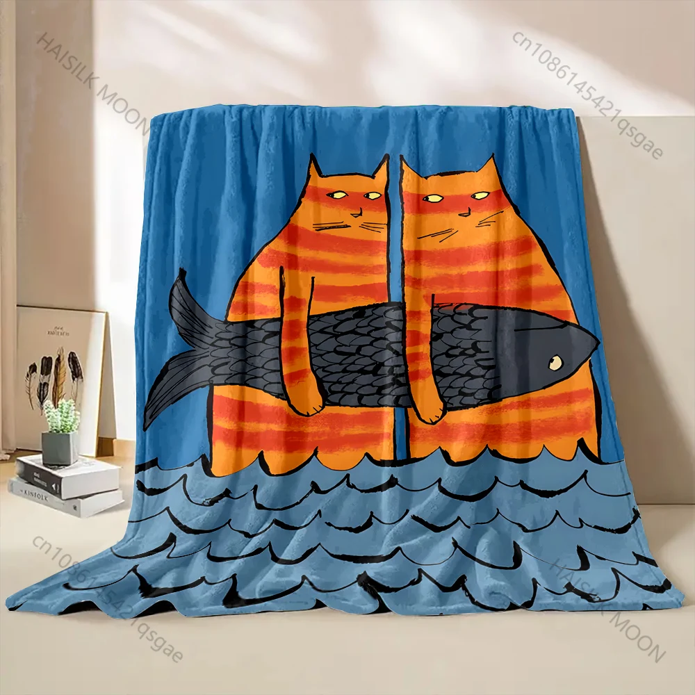 Multi-size Two Cats One Fish Pattern Blanket Flannel Material Soft Warm for All Seasons Home Outdoor Camping Picnics Gifts
