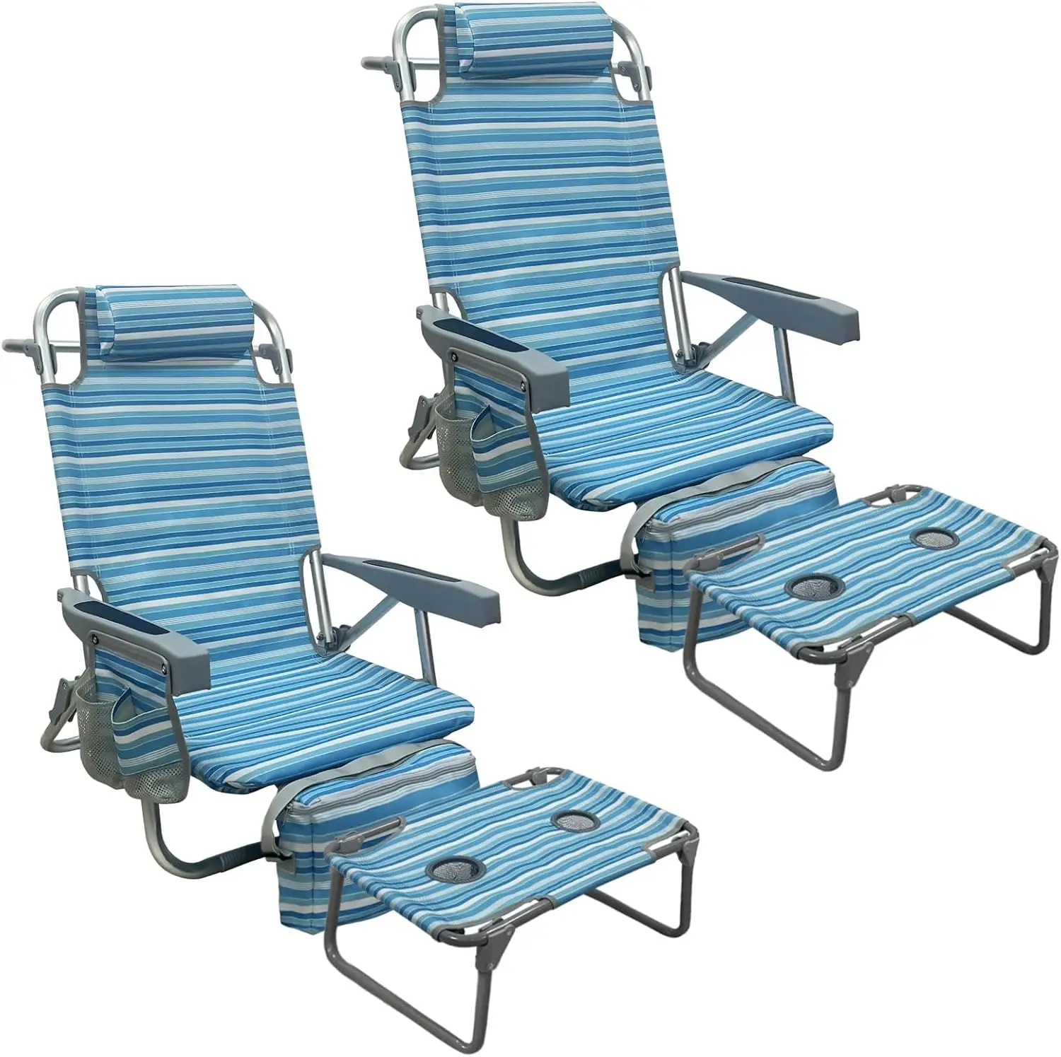 Set Of 2 Folding Beach Chairs With Aluminum Frame And Matching Camping Table, 5 Position Reclining Lay Flat Lawn Lounge Chair With Insulated Cooler Bag Cup Holder For Outdoor Patio Pool Side, Blue