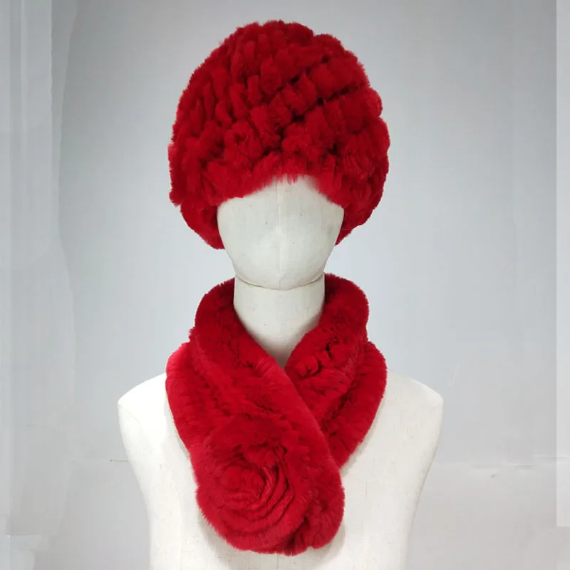 Natural Rex Rabbit Fur Hat Scarf Set for Women,Rose Design  Winter Knitted Neck Warmer Accessories Warm Soft Cozy Comfortable