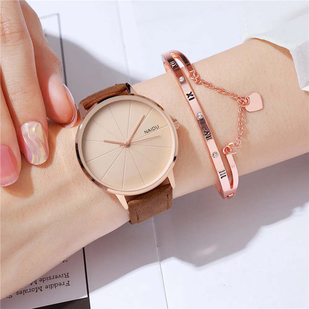 2pcs/set fashion simple pu leather women quartz casual watch