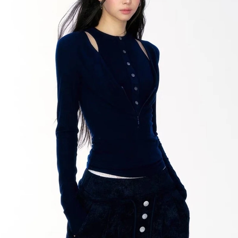 MEXZT Streetwear Patchwork T Shirts Women Fashion Hollow Out Crop Tops Y2K Korean Long Sleeve Tees Autumn Slim Design Clothes