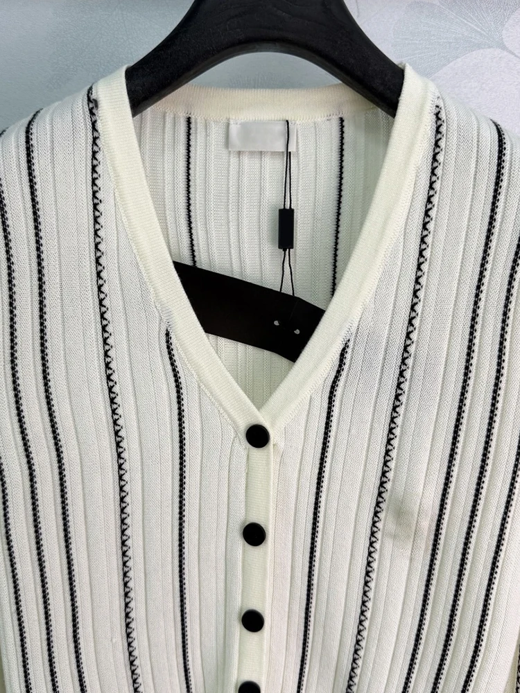 Spring Summer Fashion Indoor Daily Casual Vertical Stripes Knitting Cardigan Women's V-Neck Single Breasted Long Sleeve Tops