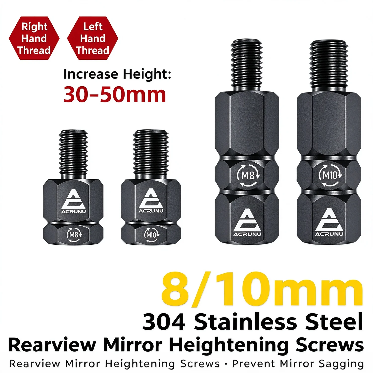 8/10mm Motorcycle Rearview Mirror Heightening Screws, 304 SS Mirror Riser Bolts, L/R Thread for Motorbike & Electric Scooter