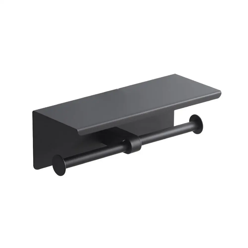 Stainless Steel Matte Black Toilet Paper Holder Wall Mounted with Shelf and Two Roll Bars for Home or Commercial Use