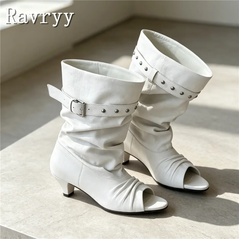 Women Peep Toe Mid Calf Boots Vintage Rivet Buckle Strap Ruched Booties Retro Punk Style Party Daily Wear Footwear for Ladies