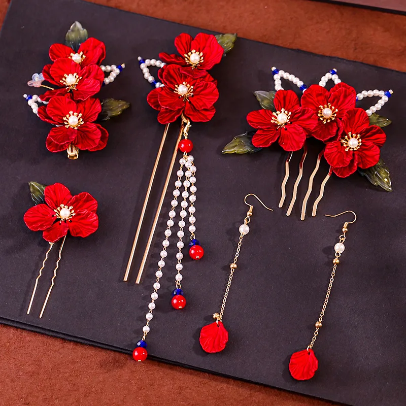 

Chinese Style Red Flower Hairpin Hair Clips Hanfu Clothing Chopsticks Hair Styling Hair Accessories Bridal Headwear Tiara