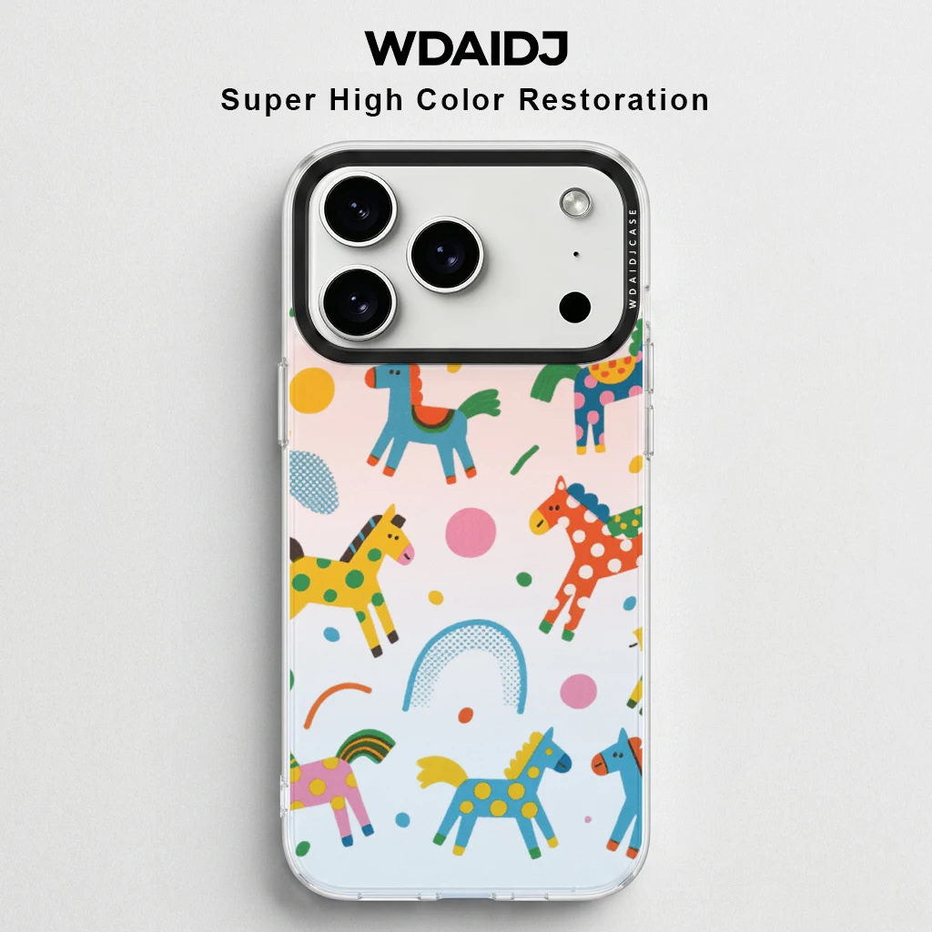 

Colorful Cartoon Horse Print Clear Phone Case for iPhone 13 14 15 16 17 Cute Pattern Yellow Shockproof Protective Cover