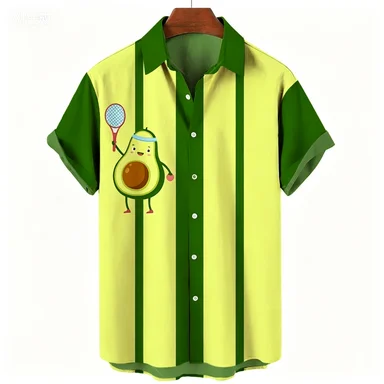 Fresh and Healing Avocado Cartoon Print Color Blocking Splicing Short Sleeved Loose Casual Vacation Shirt for Men and Women