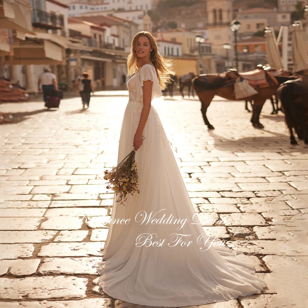 Elegante renda a linha vestido de casamento plissado batwing mangas abertas volta chiffon appliqued vestido de noiva vestidos de novia personalizado