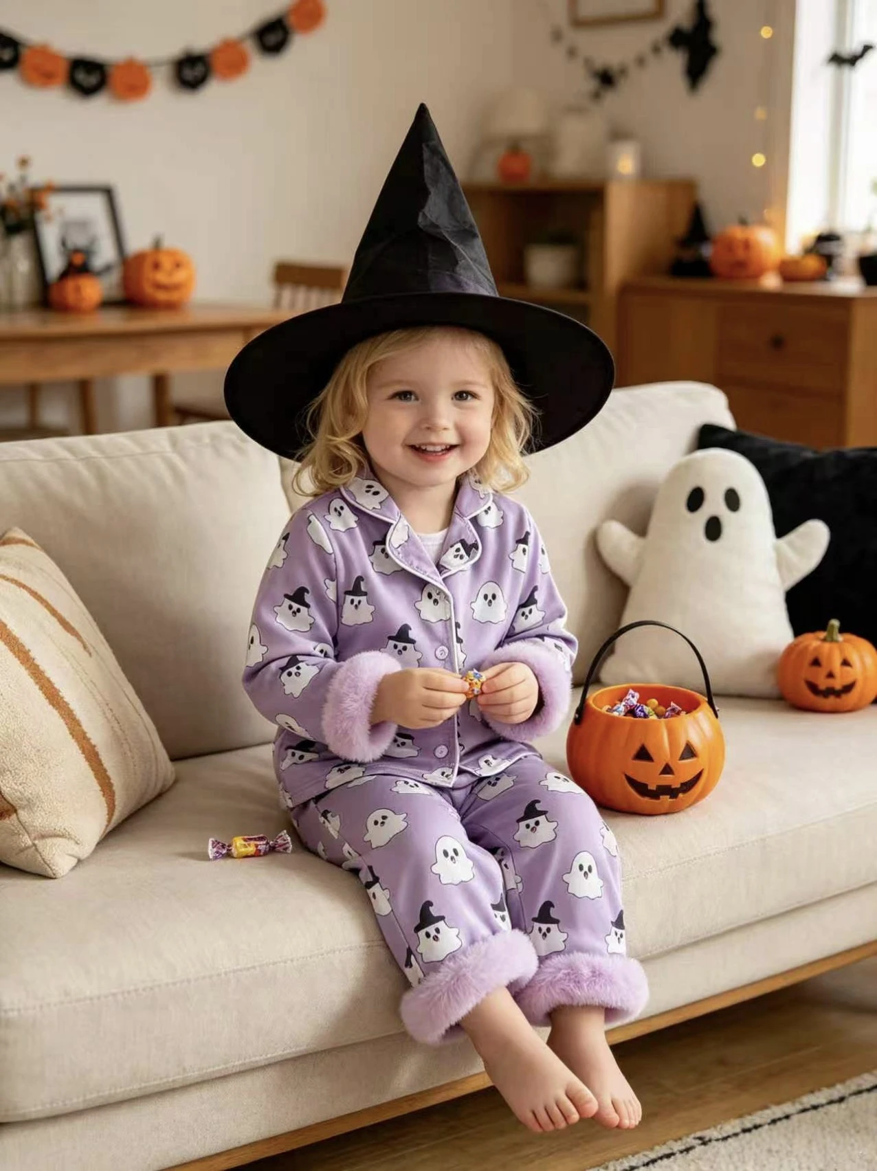 Cartoon Ghost Girls Halloween Sleep Set 2Pcs Satin Fluff Cuff Wide Elastic Waist Kids Loungewear
