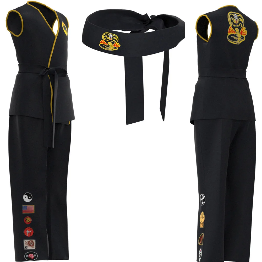 Karate Kids KOF Cobra Cosplay Costume Black/White Kimono Uniform with Headband Anime Halloween Party Tracksuit for Kids & Adults view 3
