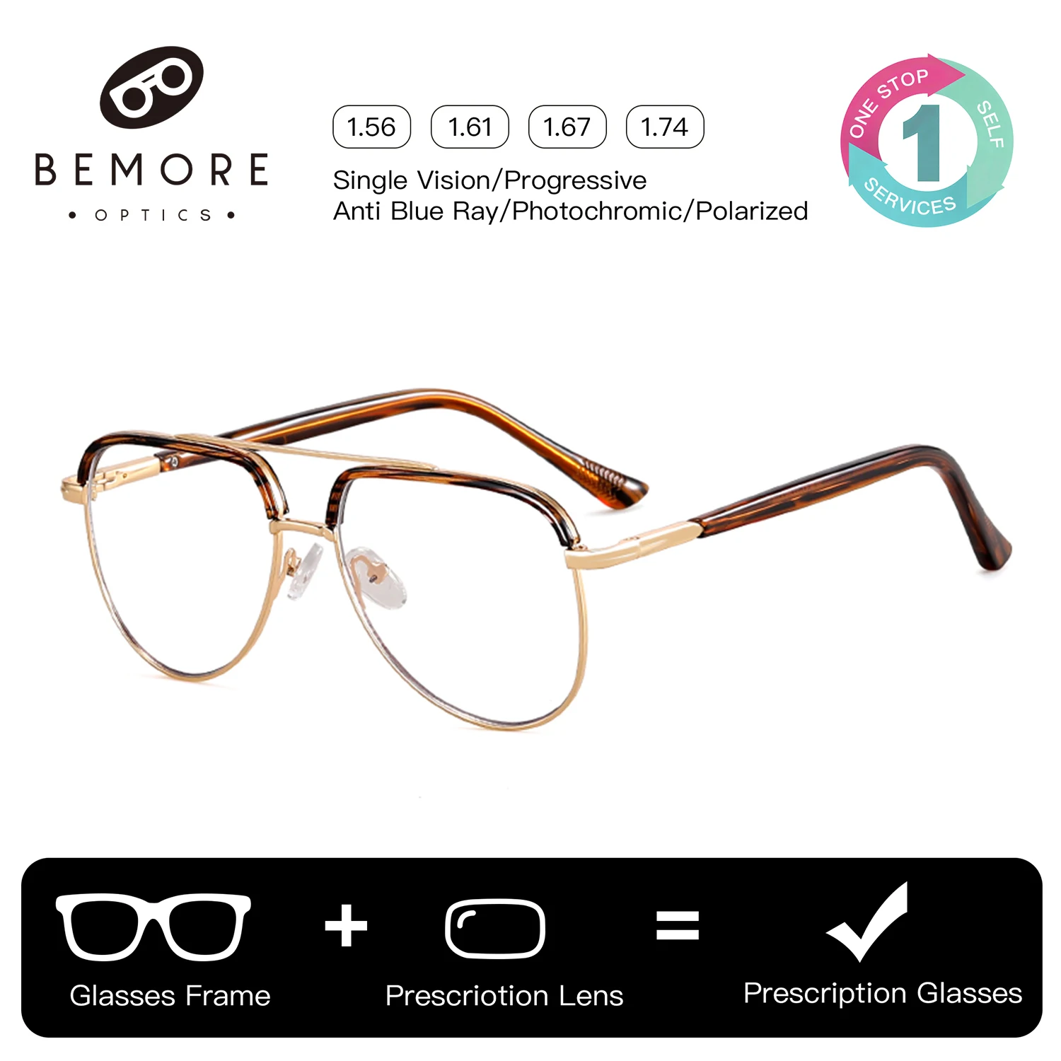 BEMORE Pilot Alloy Prescription Glasses Women Men Photochromic Anti Blue Light Optical Progressive Eyewear