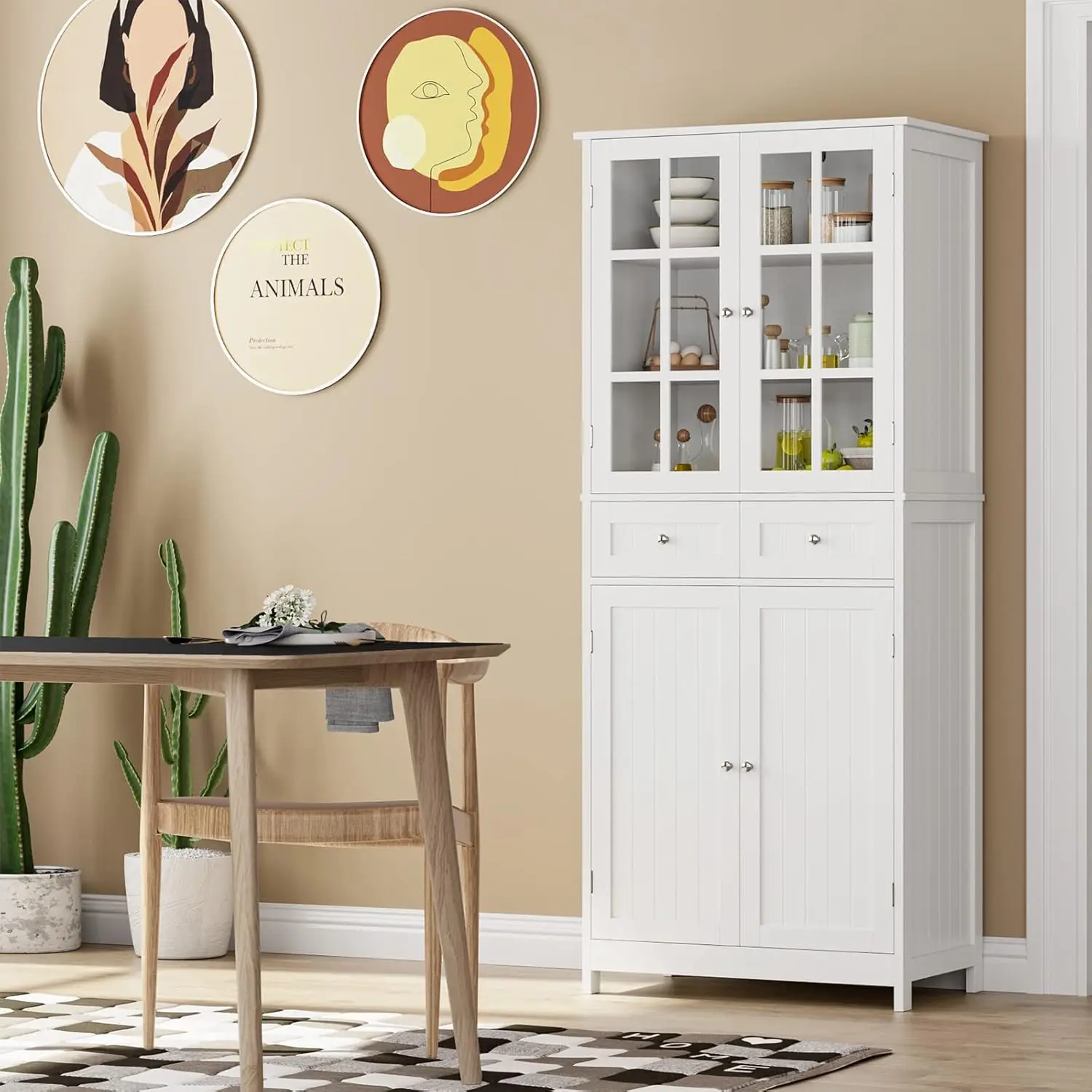 Tall Pantry Cabinet with 6 Shelves, 2 Drawers, Storage Cabinet with 4 Doors, for Dining Room
