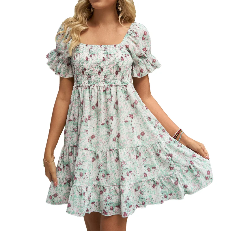 

2024Women Vintage Floral Printed Summer Dress Ruffled Square Neck Chiffon High Waist Short Dress Ruched Tiered Casual Mini Dress