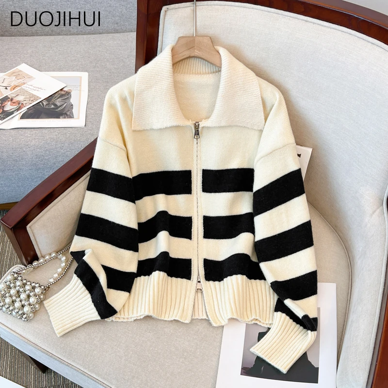 

DUOJIHUI Autumn Classic Striped Loose Sweater Women Cardigan Fashion Double Zipper Casual Simple Contrast Color Female Cardigan