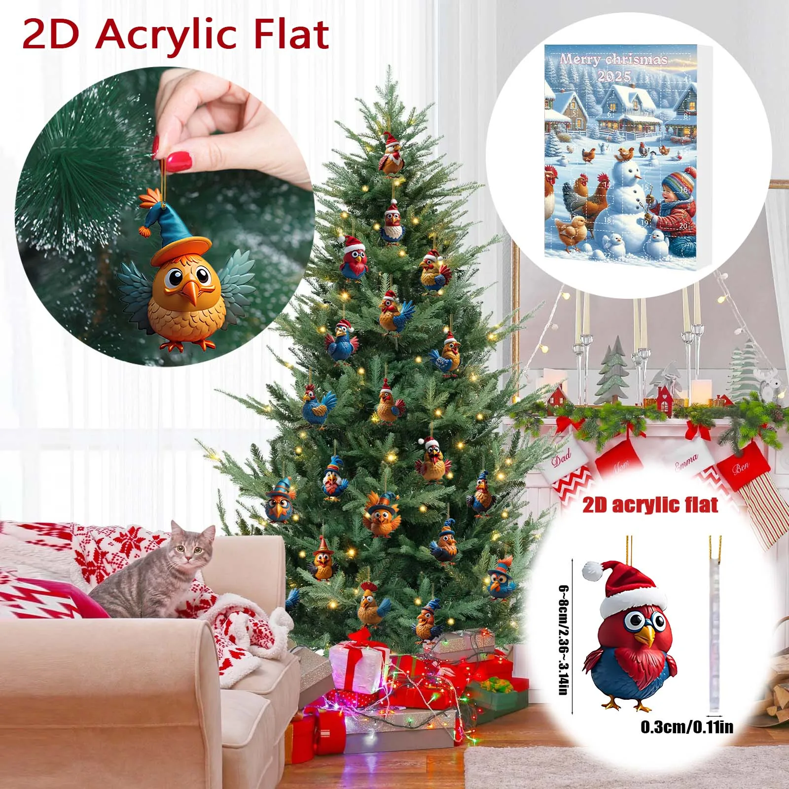 

2025 Christmas Advent Countdown Calendar Blind Box 2D Acrylic Flat Hanging Ornaments Set Cute Chicken Themed Decorations