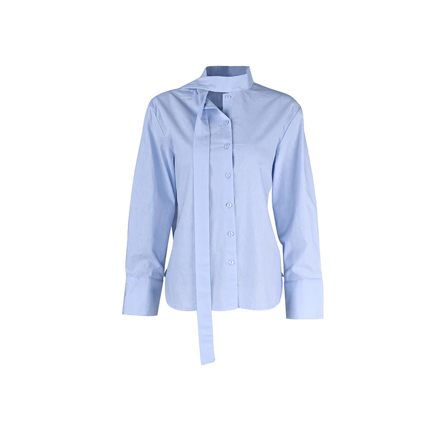 Linad Elegant Blue Cotton Scarf Collar Blouse Woman Office Red Single-Breasted Shirts Female Autumn Fashion Long Sleeve Top 2025 image 5