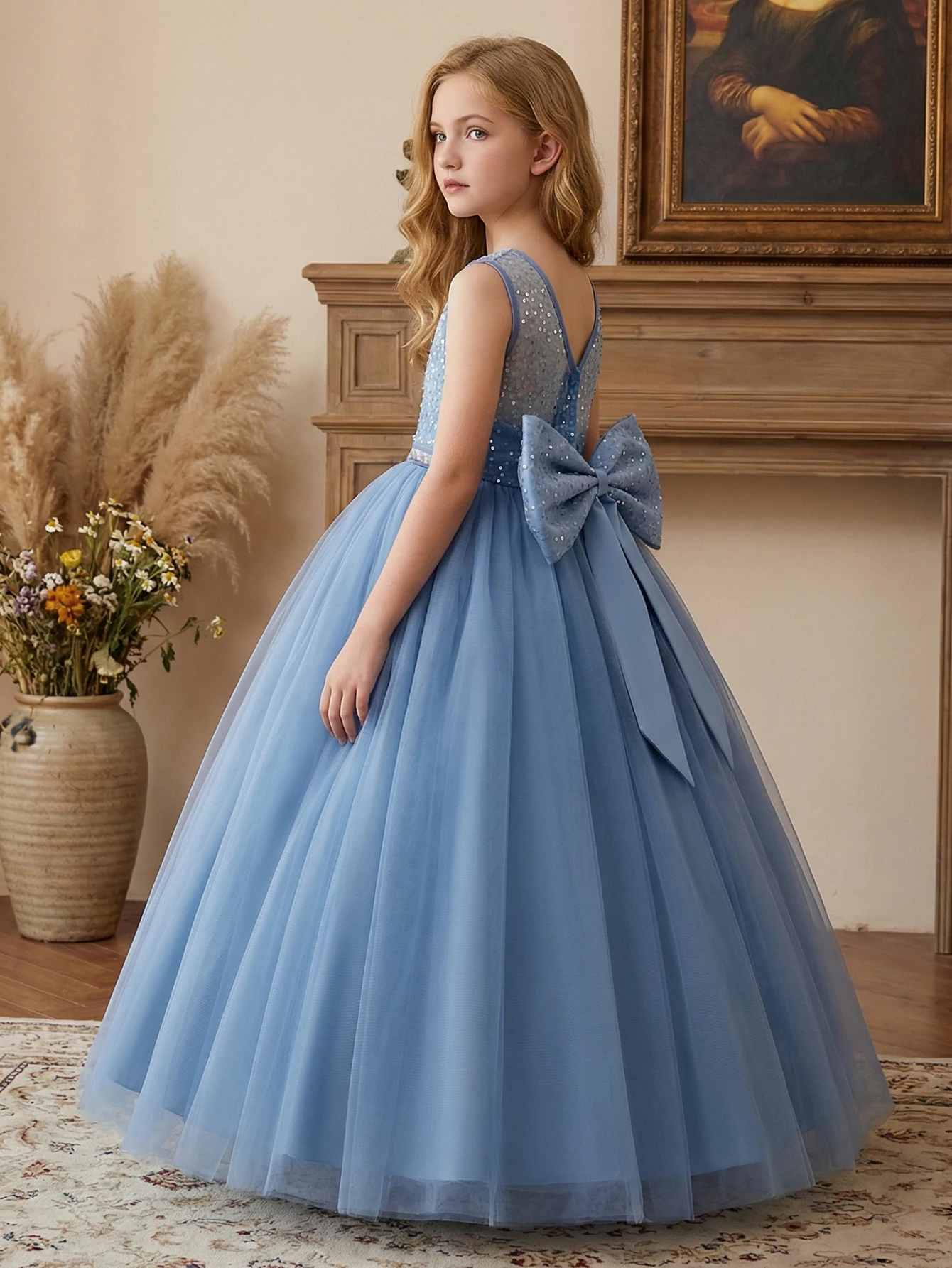 Tween Girl Formal Net Fabric Sequin Decorate Dress Bridesmaid Children Beautiful Ball Skirt,Pink Long Dress,Birthday Party Dress
