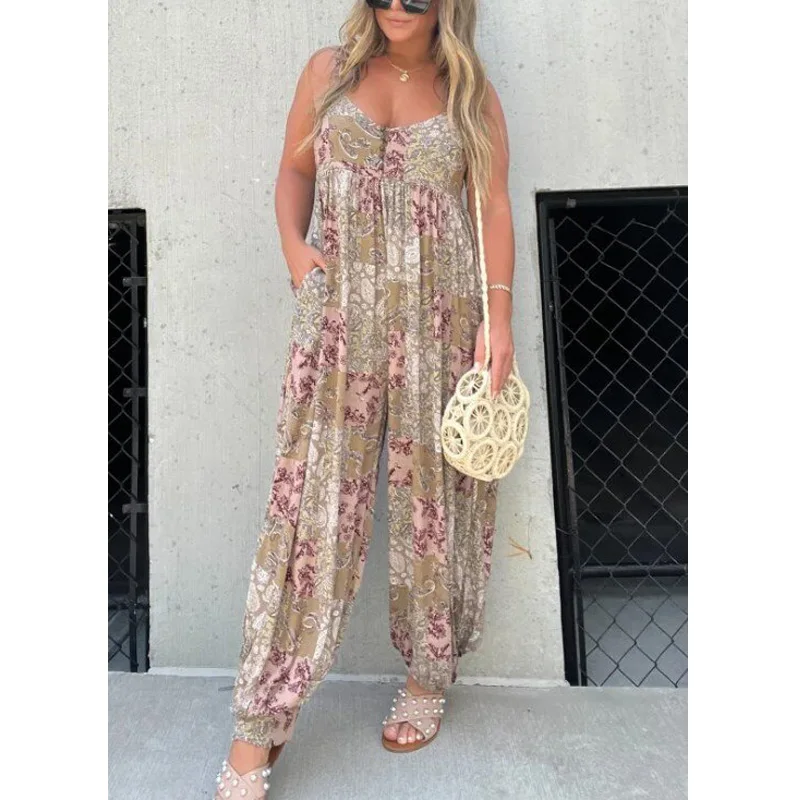 Jumpsuits For Women 2024 Spring Summer Printed Spaghetti Strap hollow Out Back Loose Jumpsuit Romper