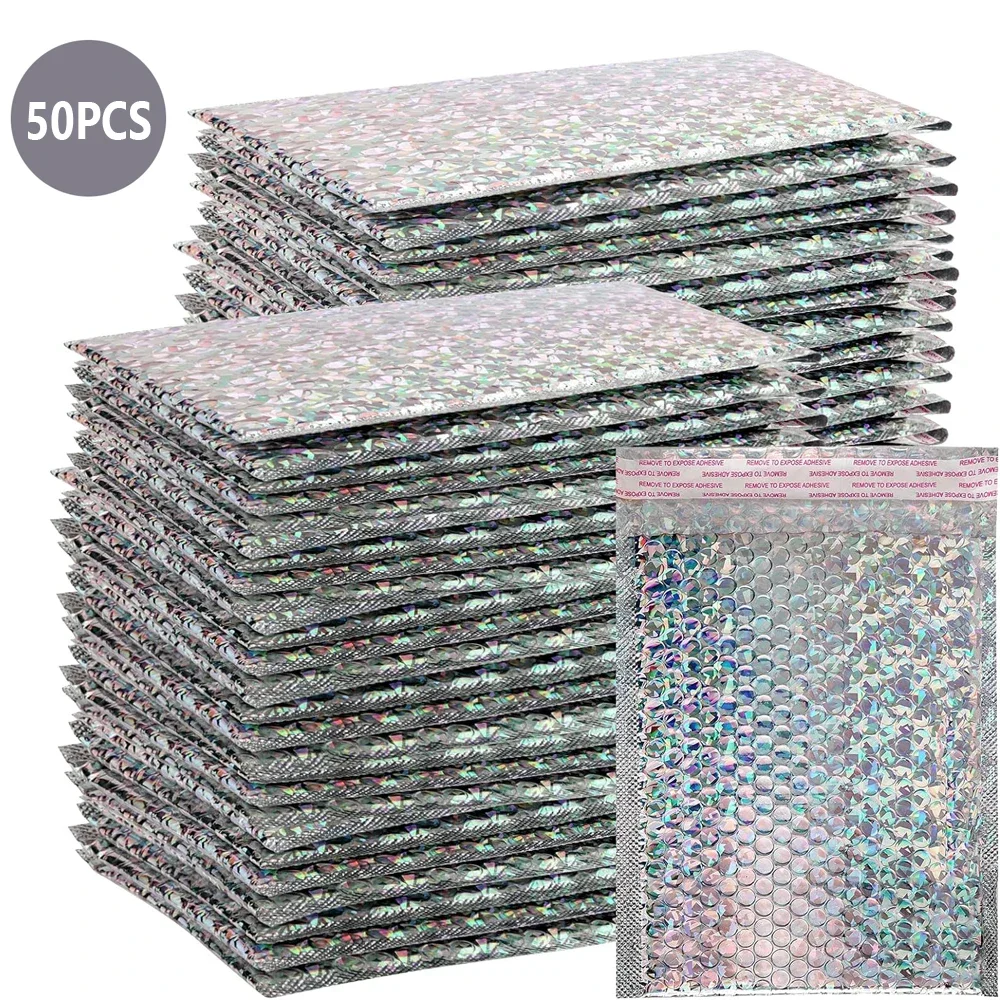 Holographic Bubble Mailer 50Pcs Small Business Supplies Laser Silver Shipping Bags Metal Packaging Envelope Mailing Office