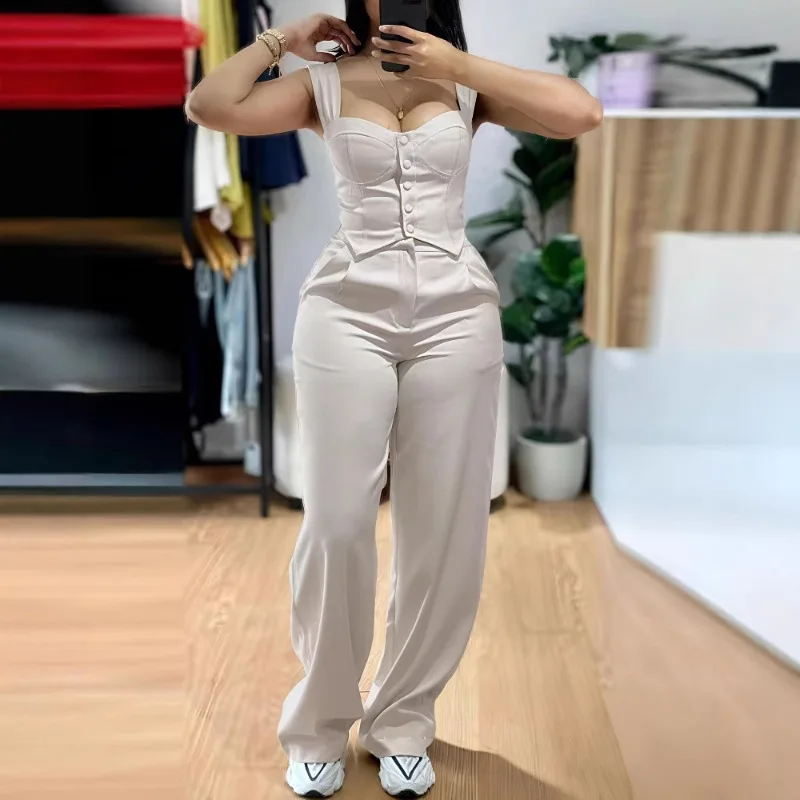 2025 Women's Set Elegant Strap Short Tight Tank Top Casual Wide Leg Pants Commuter Spring/Summer New Style