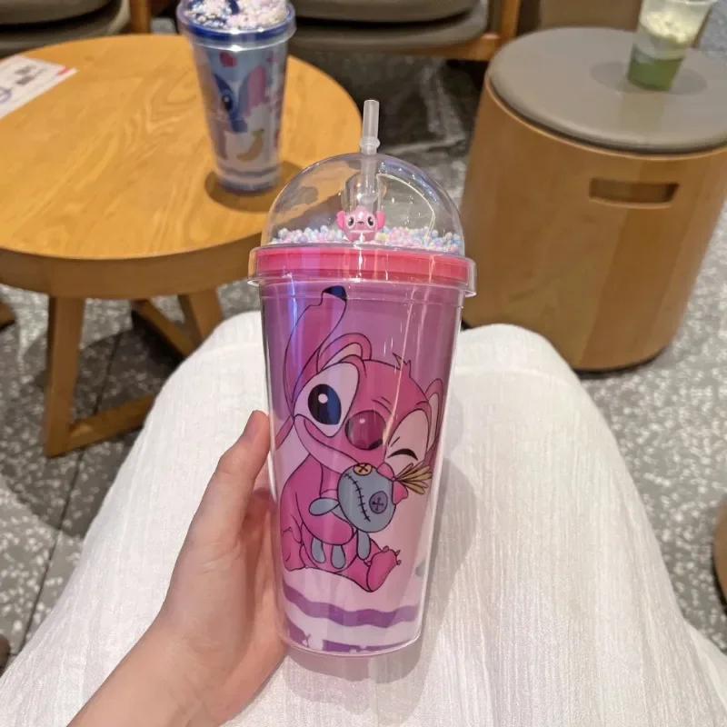 Disney Stitch Cartoon Straw Cup 450ML Anime Figures Lilo & Stitch Double-layer Plastic Water Cup Portable Children Sports Bottle