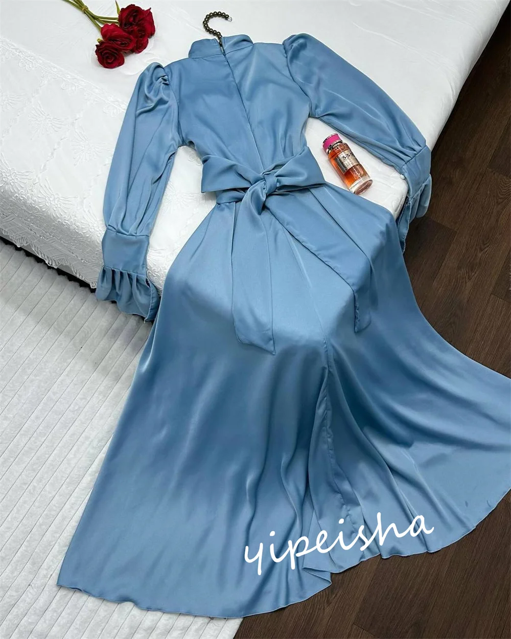 Robe de soirée à volants en satin pour femmes, robes longues, ligne A, col haut, occasion sur mesure, Rh