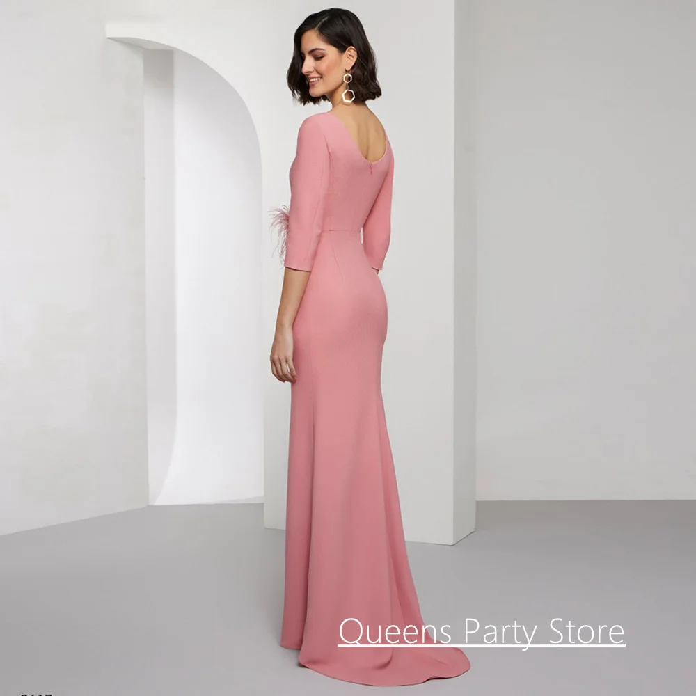 Popular Mother of The Bride Dress Customized 3/4 Sleeves V Neck Feathers Applique Sweep Train Wedding Guest Gown Party Dresses