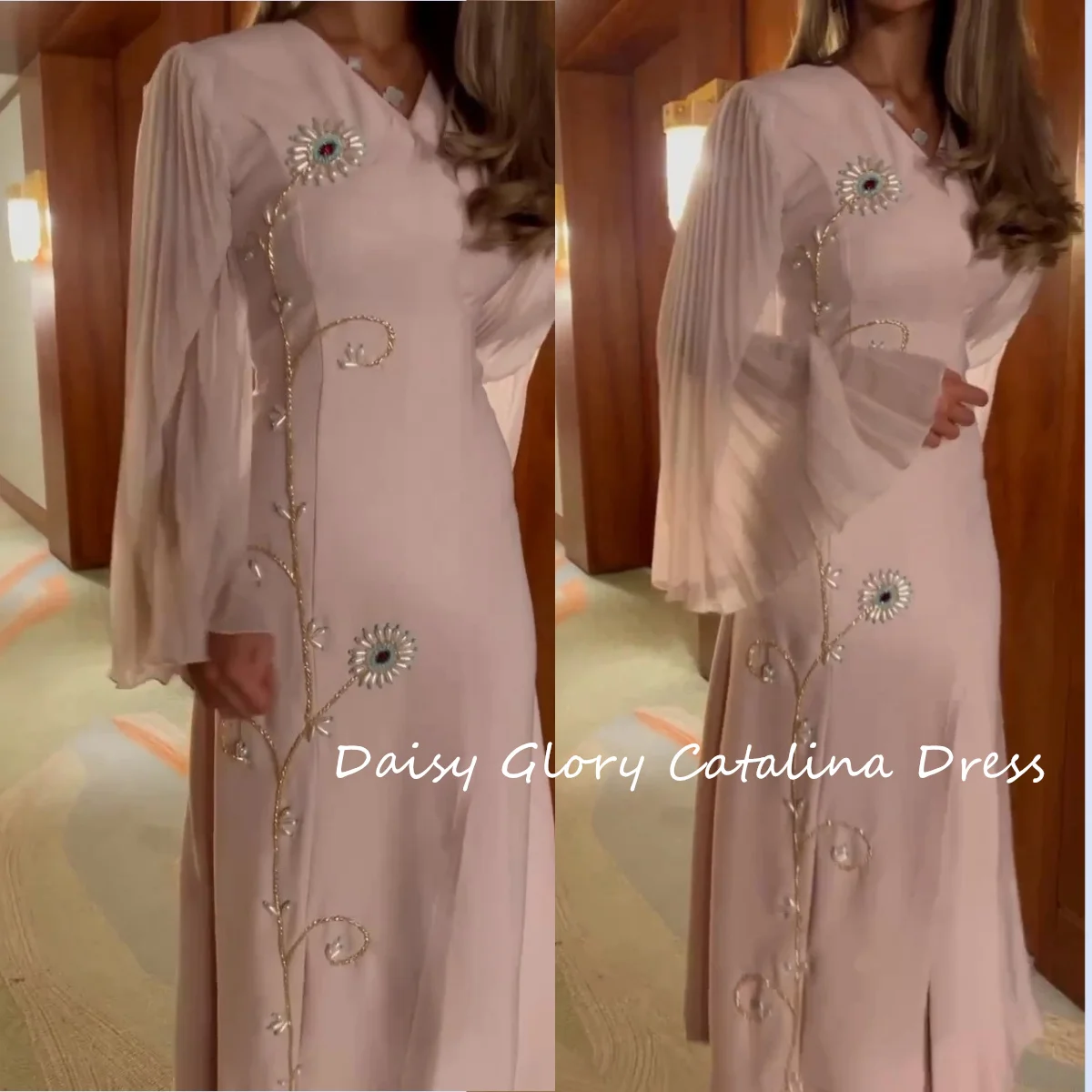 White Flower Evening Dress For Party Dubai Elegant Prom Dress Pleated Flare Sleeves Beads Saudi Arabia Formal Wedding Gown 2024