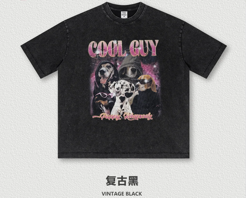Men Faded Black Hip‑Hop T‑Shirt Streetwear Dalmatian Dog Graphic Tee Funny Animal Print Cotton Short Sleeve Tops