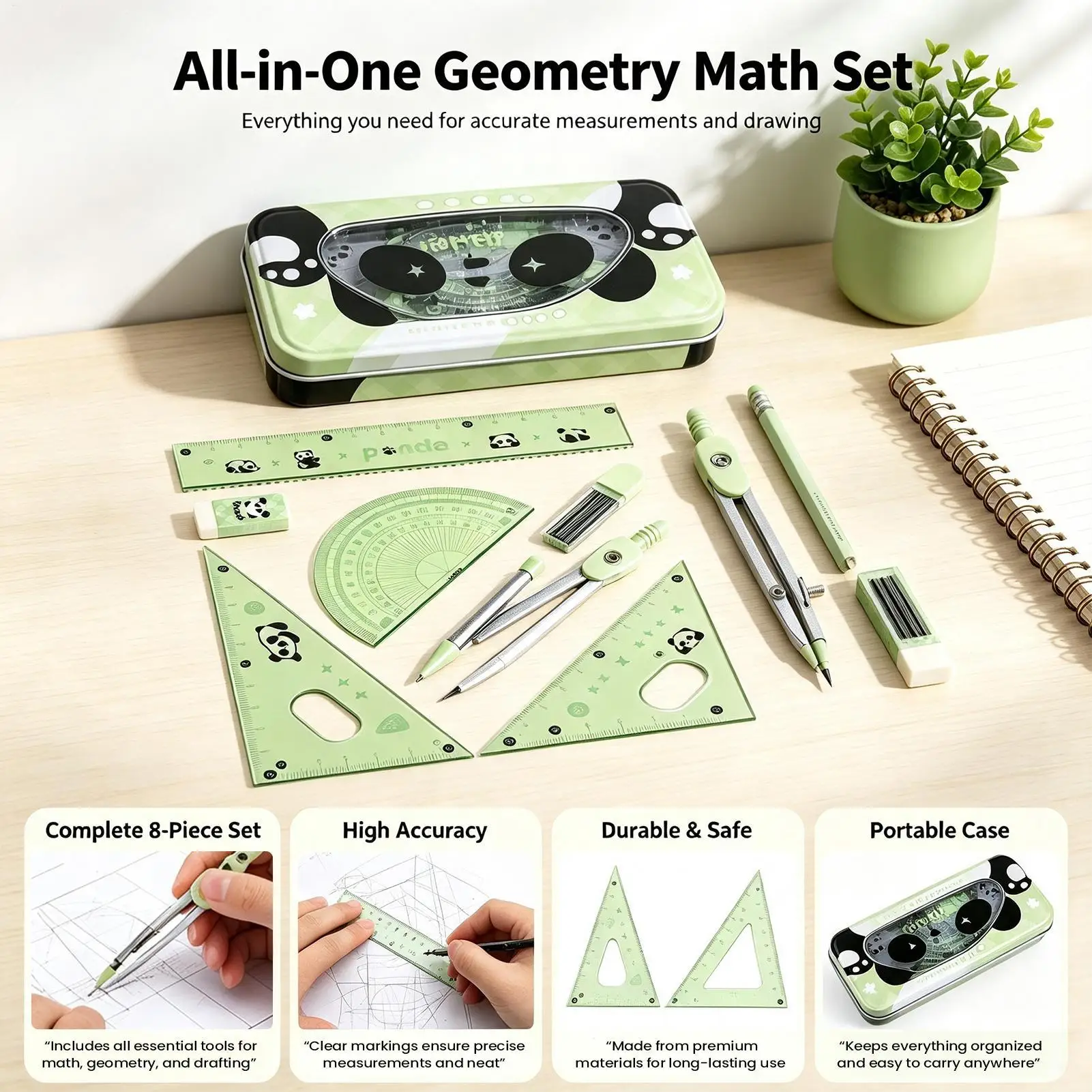 Geometry Set 7pcs Compass Ruler Protractor Triangle Eraser Lead Refill Metal Box for School Drawing Drafting Exam Student