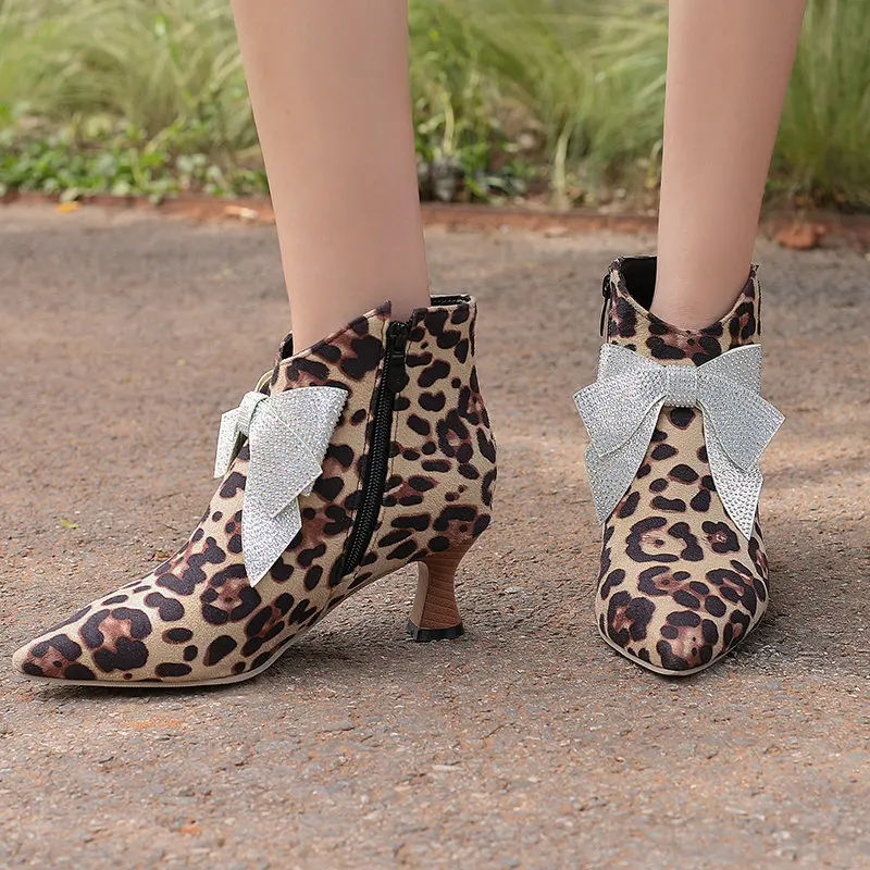 Womens Pointed Toe Ankle Boots Kitten Heels Side Zipper Colored Diamond Bow Faux Suede Booties Wedding Dress Shoes Size 34-50