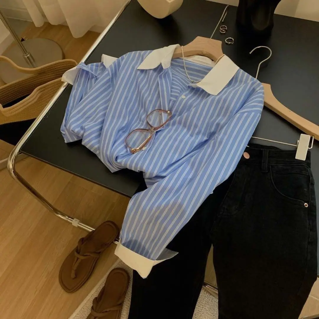 Elegant Women Shirts Korean Striped Red Fashion Turn Down Collar Office Ladies Tops Long Sleeve Causal Female Blouse
