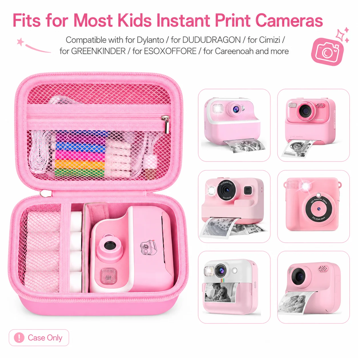 Kids Instant Print Toy Camera Case for Dylanto, for DUDUDRAGON, Removable Divider Mesh Pocket Travel Carrying Bag Pink Case Only