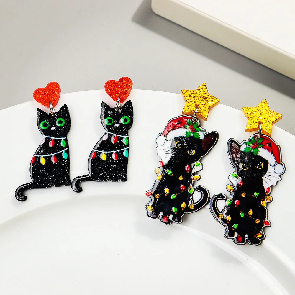 New Christmas Hat Black Cat Acrylic Earrings Pendant Cute Xmas Colored Lights Cats Drop Earring New Year Jewelry for Women Gifts