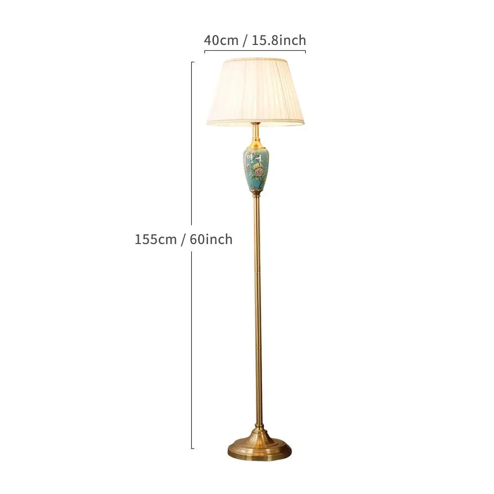 Europese retro keramische vloerlamp met vintage stoffen lampenkap, staande lamp voor woonkamer, hoek, slaapkamer, leeslamp aan het bed.