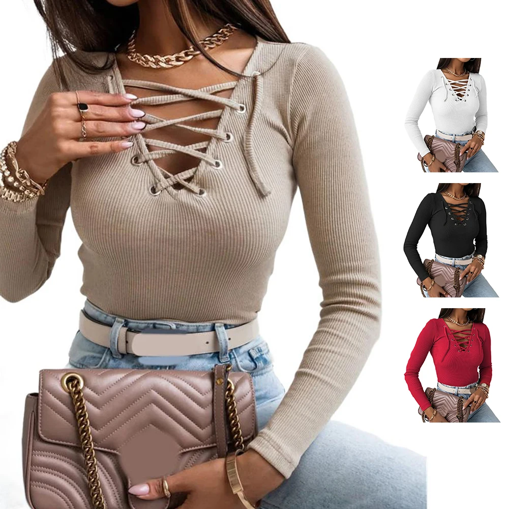 

Casual Women Long Sleeve Deep V Neck T Shirt with Crossbelt Front Collar and Crossed Strips for Everyday Style