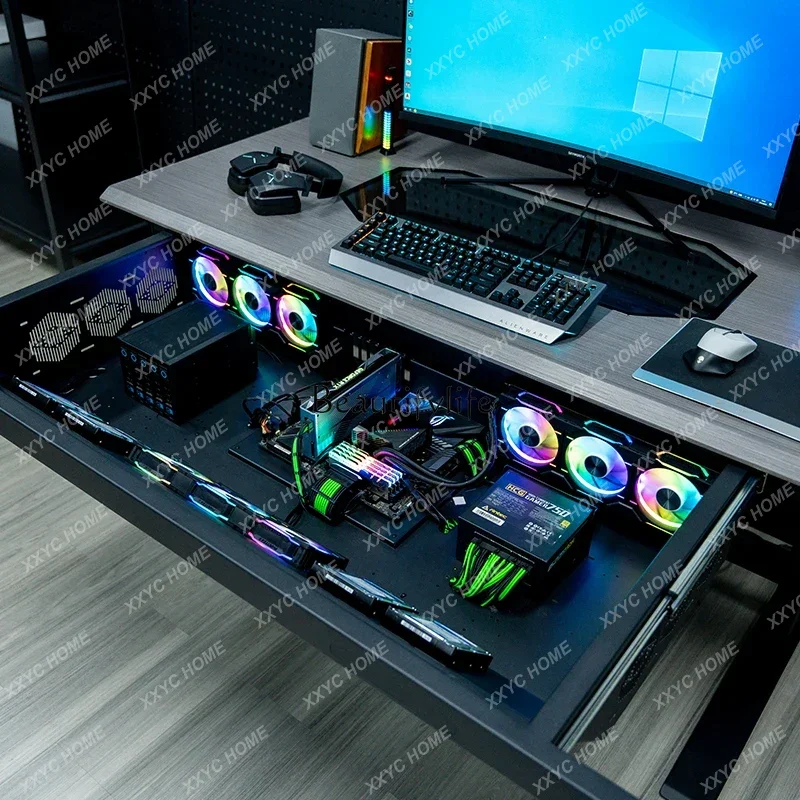 JJIntegrated Transparent Desktop Assembly Machine, Drawer Type Large Chassis, Electric Lifting E-sports Table